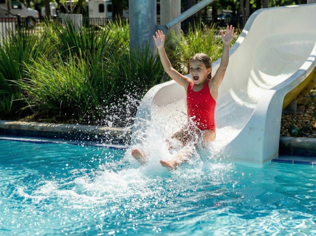 Girl splashing into pool at Splash RV Resort Milton after riding a water slide