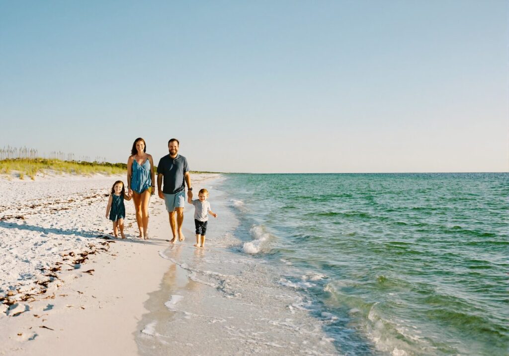 A family of four walking along the white quartz sand and emerald green water of a Gulf Coast beach near Navarre Beach