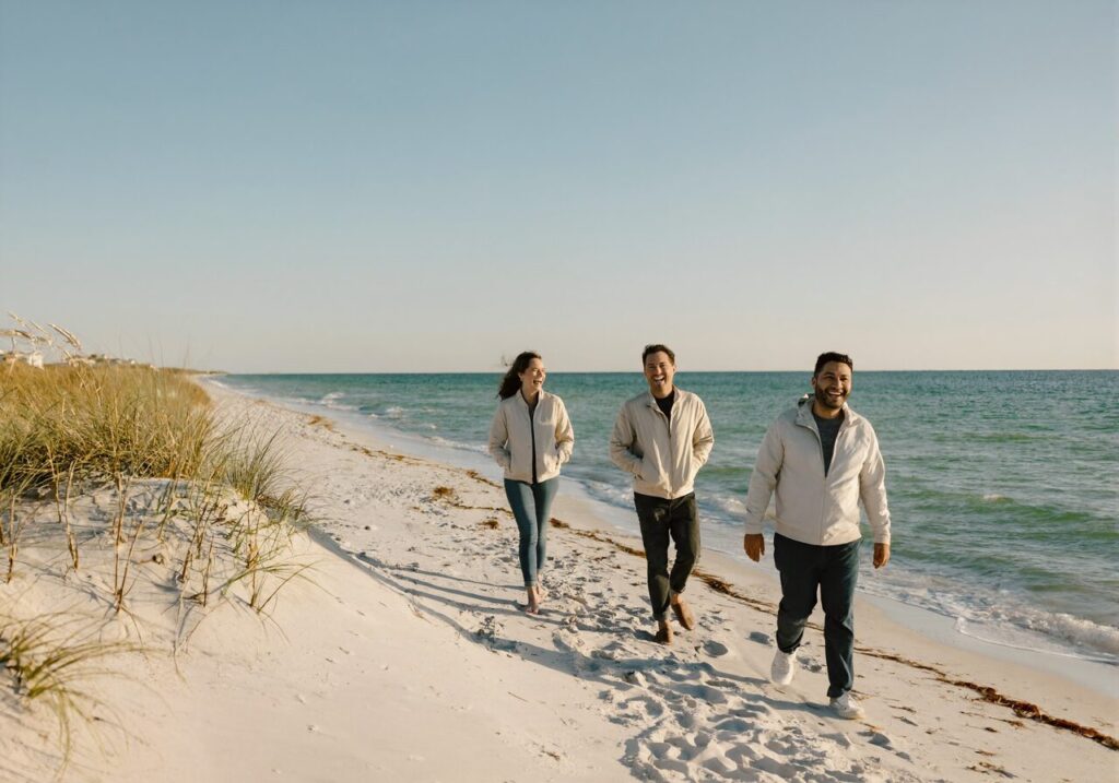 Three friends in light jackets walking a quiet white sand Gulf beach near Navarre Beach on a mild winter afternoon