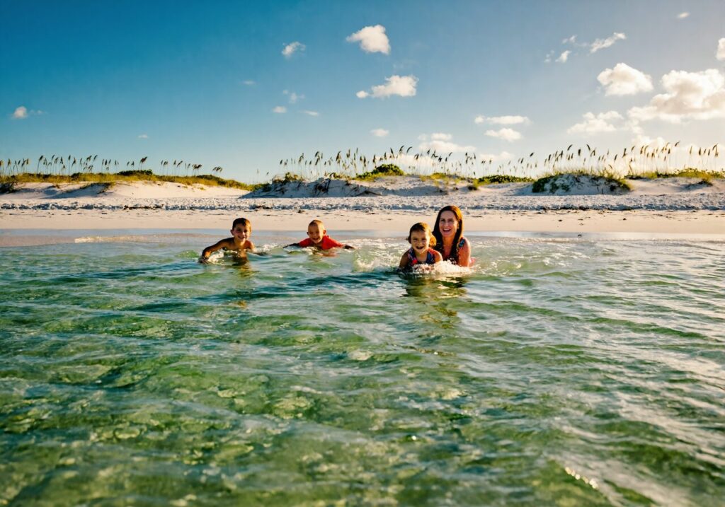 Family wading in emerald green Gulf water at a Florida Panhandle beach near Navarre