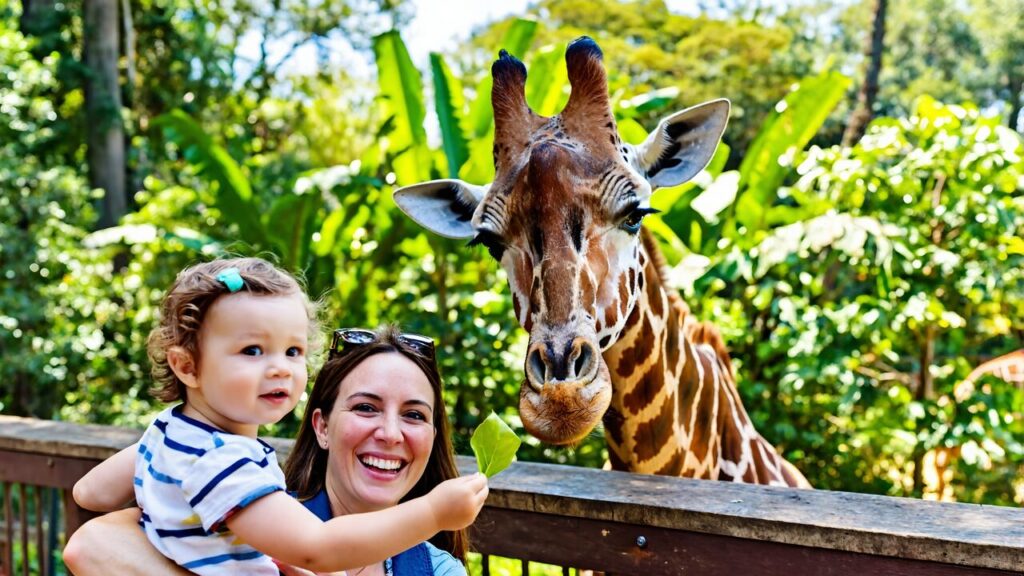 A family feeding a giraffe a leaf at a sunny wildlife park near Pensacola
