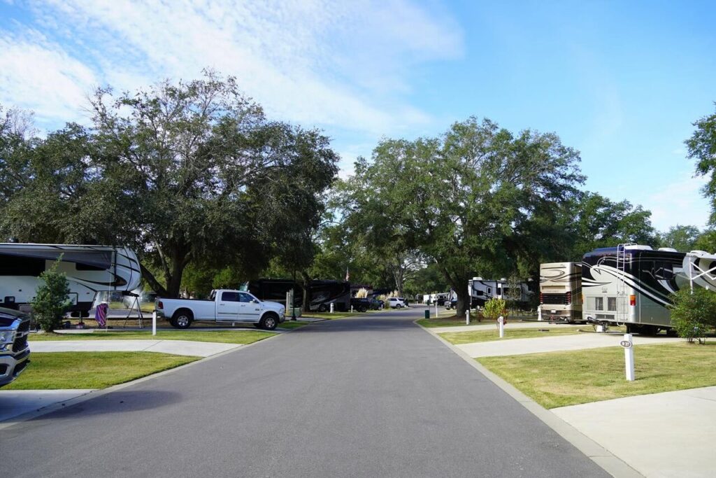 Paved road lined with full-hookup RV sites under mature shady oak trees at Splash RV Resort
