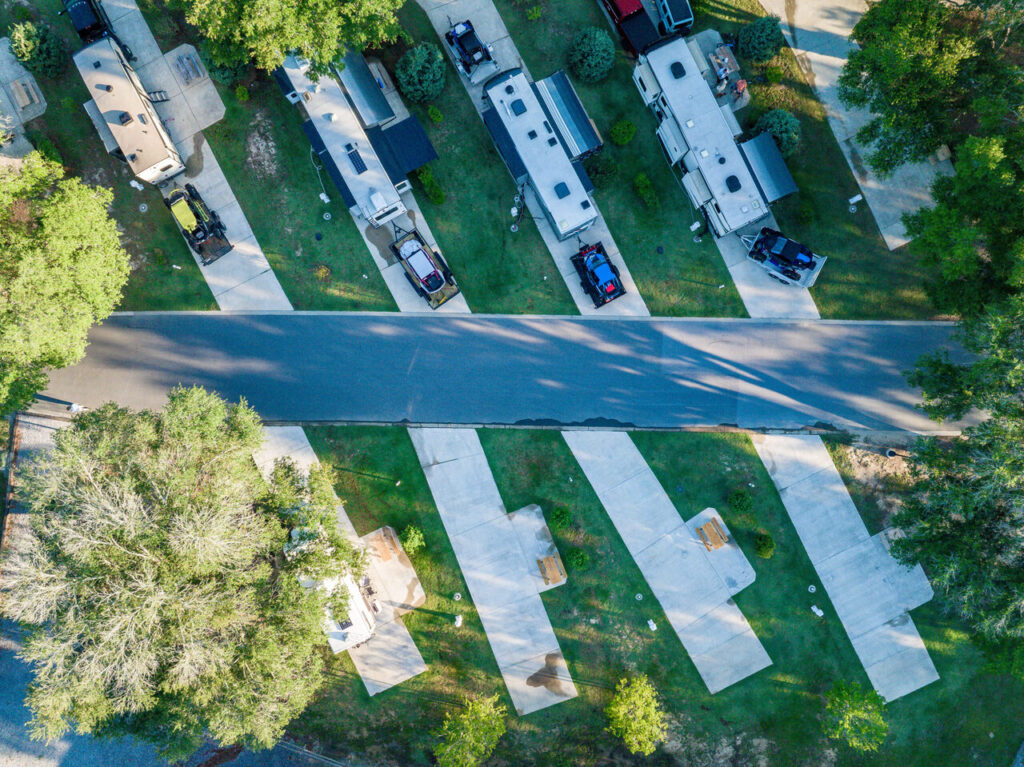 RV camping sites on concrete pads at Splash RV Resort in the Florida Panhandle