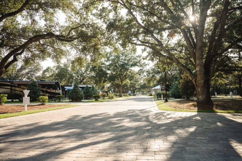 Tree lined RV sites with wide concrete roads at Splash RV Resort near Pensacola