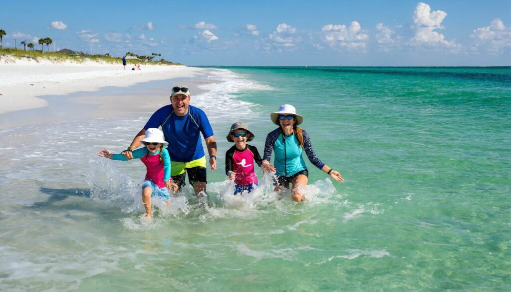 Family playing in the emerald-green Gulf surf on a white sand beach near Destin