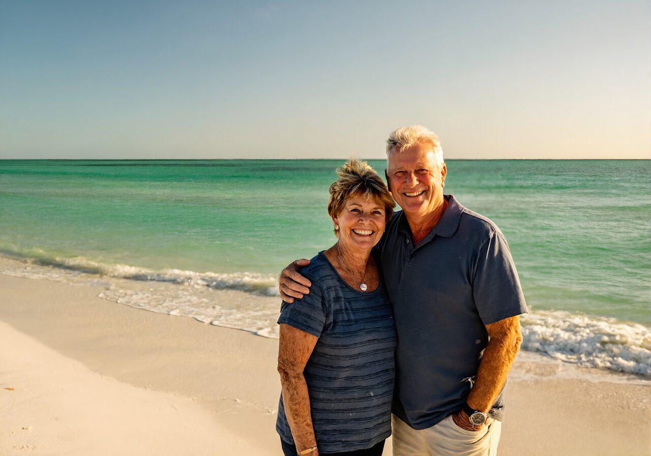 Retired couple on the sugar-white sand with emerald-green Gulf water at Navarre Beach