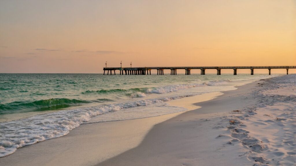Navarre Beach fishing pier stretching over emerald-green Gulf water and white sand at sunset