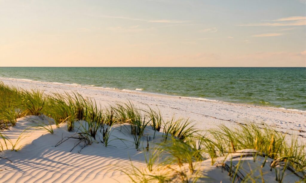 Golden-hour view of emerald Gulf water and sugar-white sand on Pensacola Beach