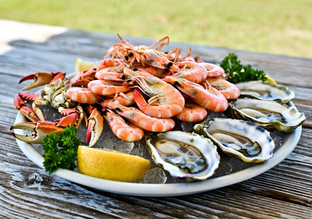 Platter of fresh Gulf shrimp, oysters, and crab like the Pensacola Seafood Festival serves