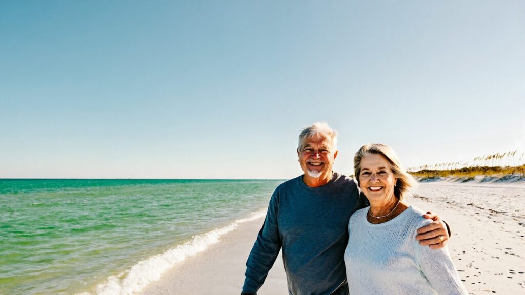 Retired couple walking on white sand with emerald green Gulf water on the Florida Emerald Coast in winter