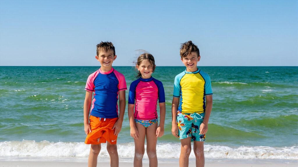 Kids enjoying the sugar-white sand and emerald Gulf water at Pensacola Beach