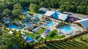Aerial view of the lazy river and pools at Splash RV Resort near Gulf Shores