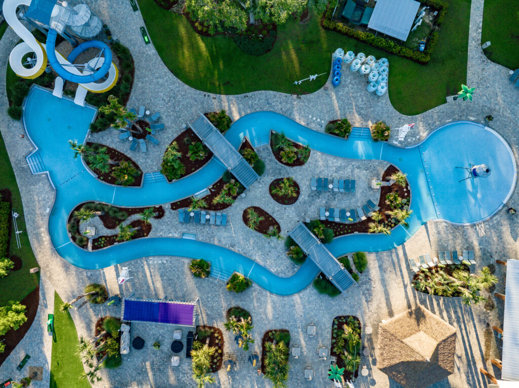 Aerial view of the lazy river, pools and water slides at Splash RV Resort near Pensacola