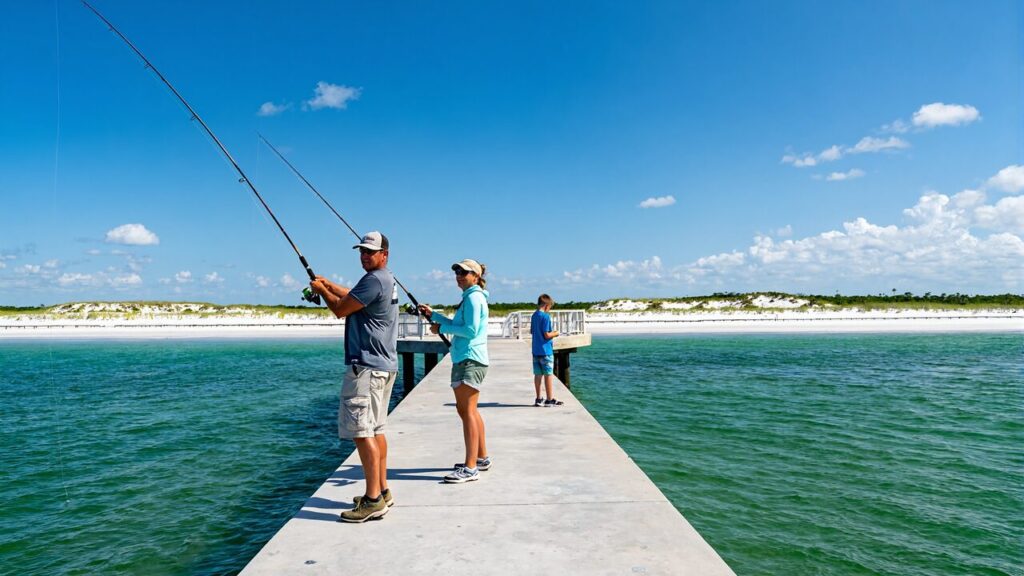 A family fishing on a long Gulf Coast pier over emerald water near Navarre Beach Florida