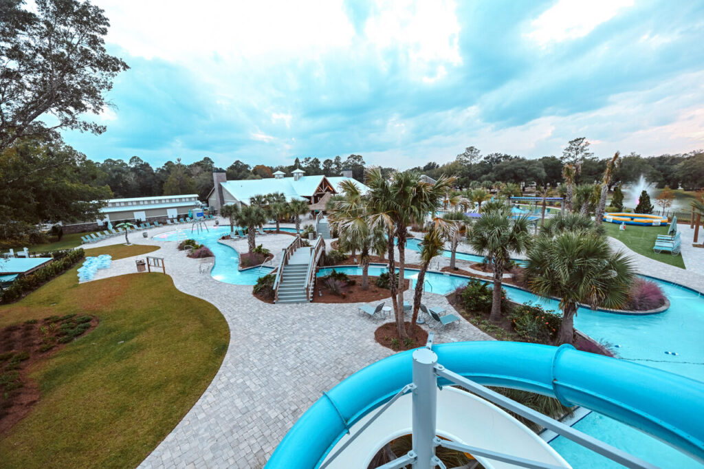 Aerial view of the water slides and winding lazy river at Splash RV Resort in Milton