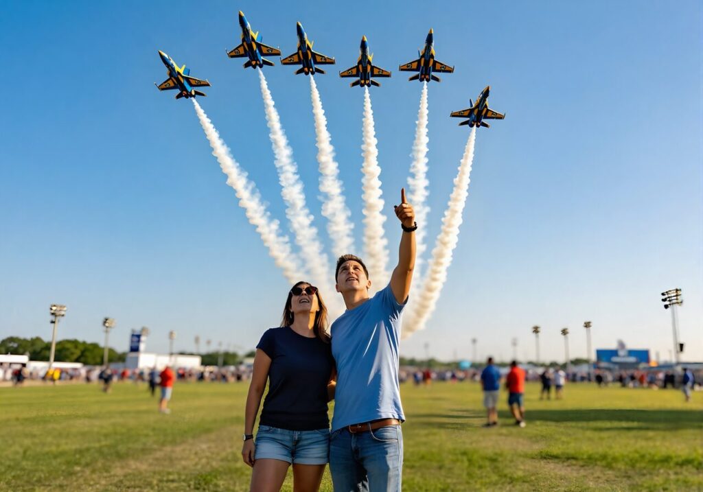 Two people watching Blue Angels jets in formation at an air show near Pensacola