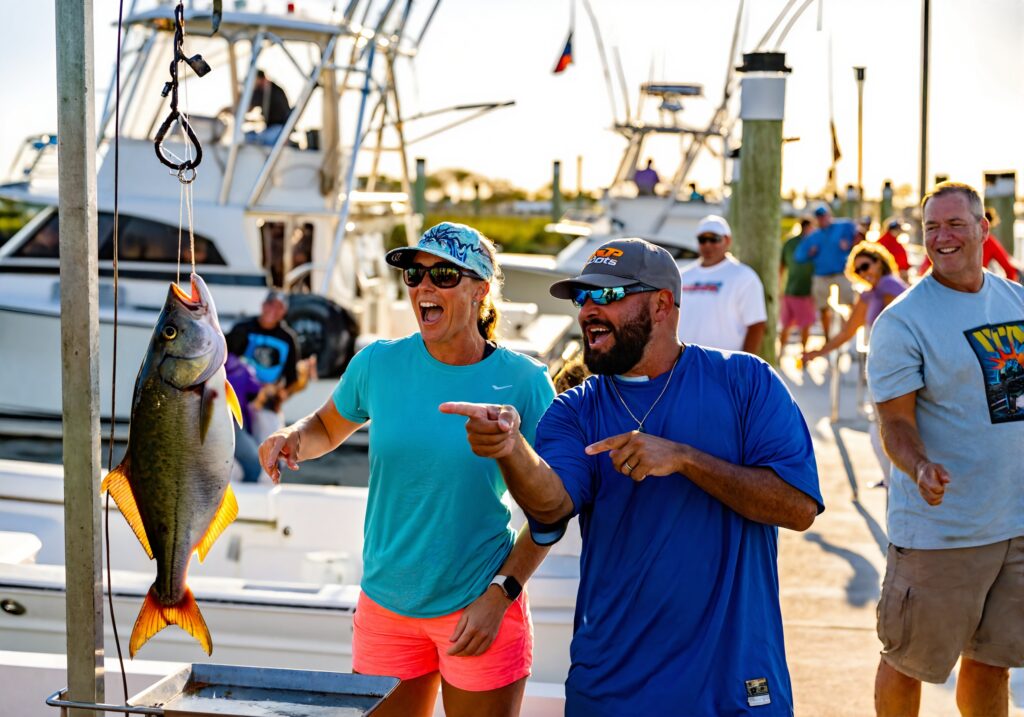 Anglers celebrating a catch at the Destin Fishing Rodeo weigh-in on the harbor