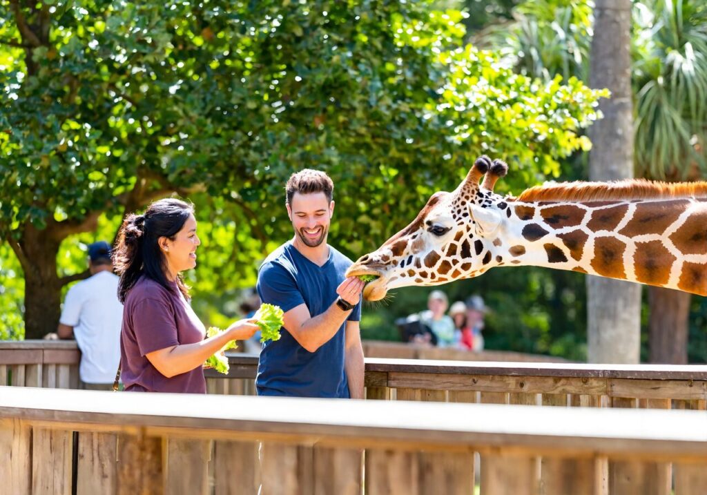 A man and woman feeding a giraffe at Gulf Breeze Zoo near Santa Rosa County FL