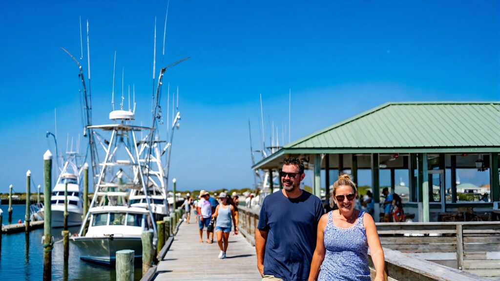 Charter fishing boats and visitors on a Gulf Coast harbor boardwalk near Fort Walton Beach