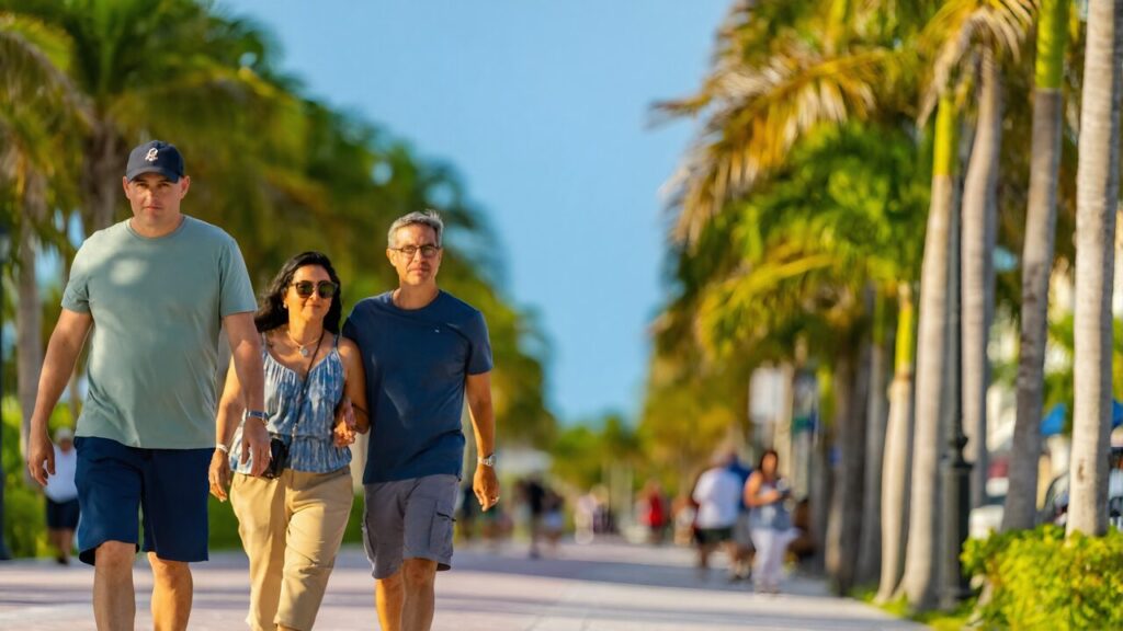 People walking a palm-lined boulevard in a Gulf Coast town near Pensacola on a sunny afternoon