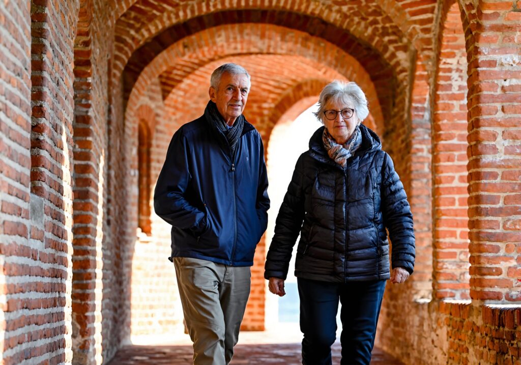 A retired couple exploring the historic brick archways of Fort Pickens near Pensacola in winter