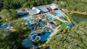 Aerial view of Splash RV Resort pools and lazy river near Pensacola FL