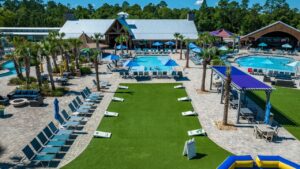 Aerial view of the pool deck, lazy river and lounge area at Splash RV Resort near Navarre Beach FL