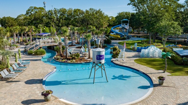 Aerial view of the heated pool, lazy river and water slide at Splash RV Resort near Pensacola