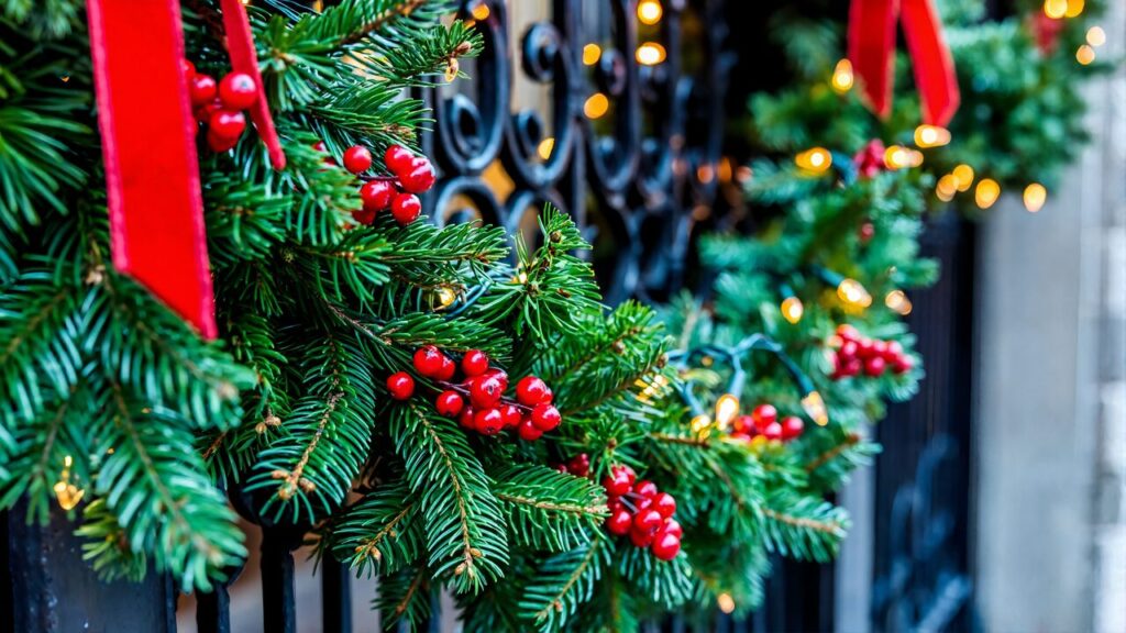Evergreen holiday garland with red berries and warm string lights on a downtown iron railing during the Christmas season on the Florida Panhandle