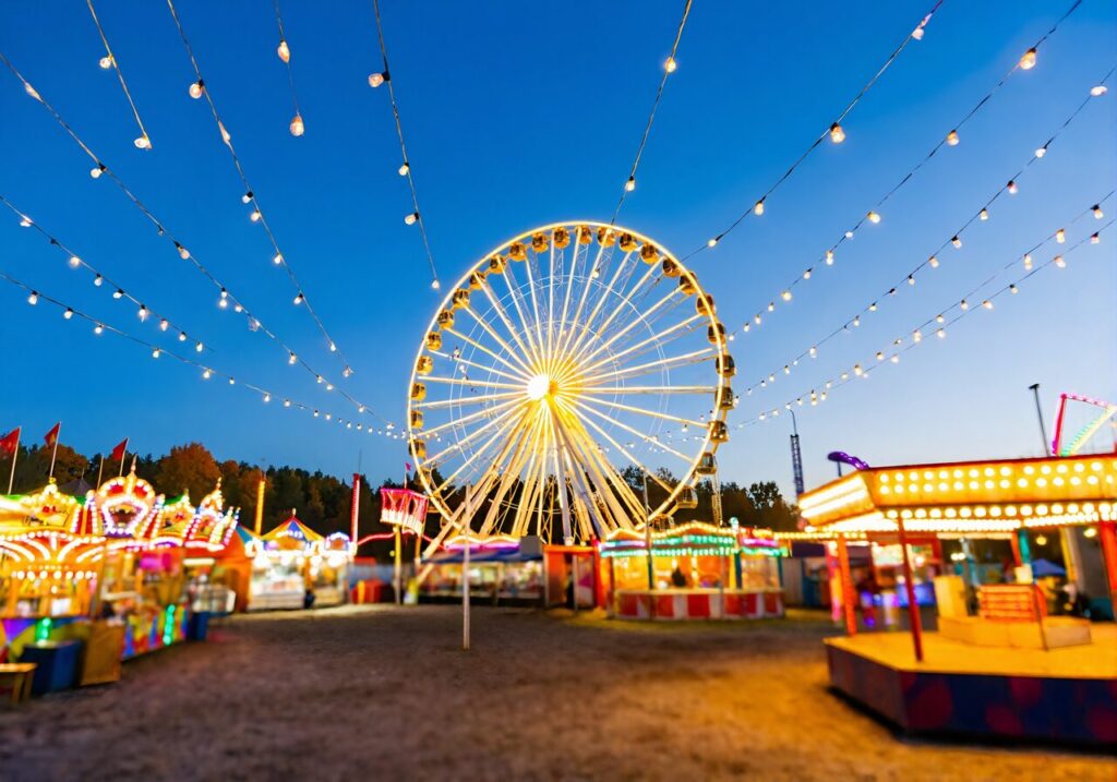 Autumn fair with a lit ferris wheel in the evening on the Florida Panhandle