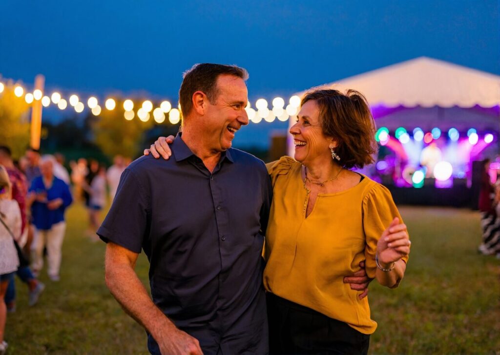 A man and a woman dancing under string lights at an evening fall seafood festival