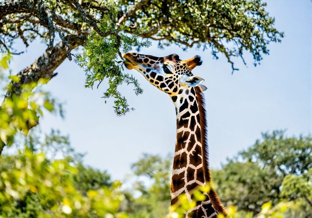 A giraffe browsing tree leaves at a wildlife park near Gulf Breeze FL