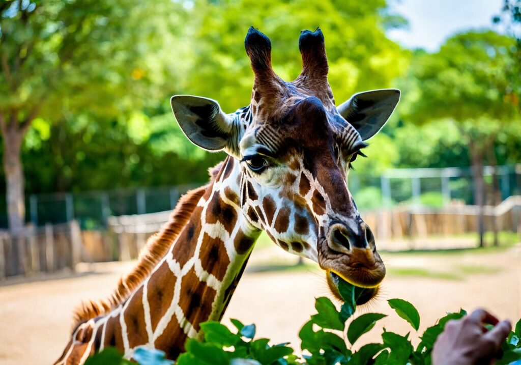 A giraffe eating leaves at Gulf Breeze Zoo near Pensacola Florida