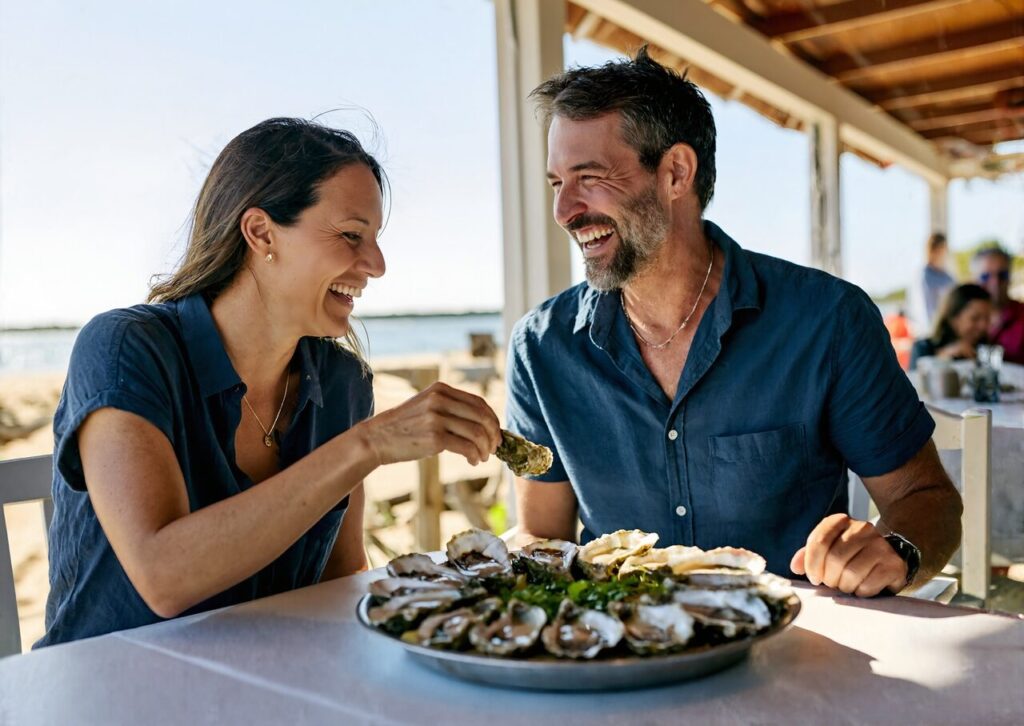 A couple sharing a platter of fresh Gulf oysters at a waterfront seafood spot on the Florida Panhandle