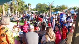 Costumed families gathered for a Halloween costume event at an RV resort near Pensacola on the Florida Panhandle