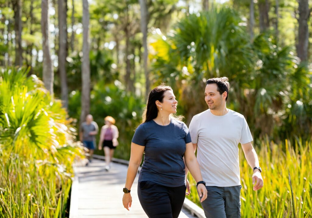 A couple walking a wooded nature preserve boardwalk on the Florida Panhandle near Splash RV Resort