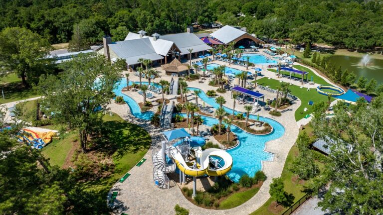 Aerial view of Splash RV Resort's pools, lazy river, and water slides in Milton, FL near Pensacola