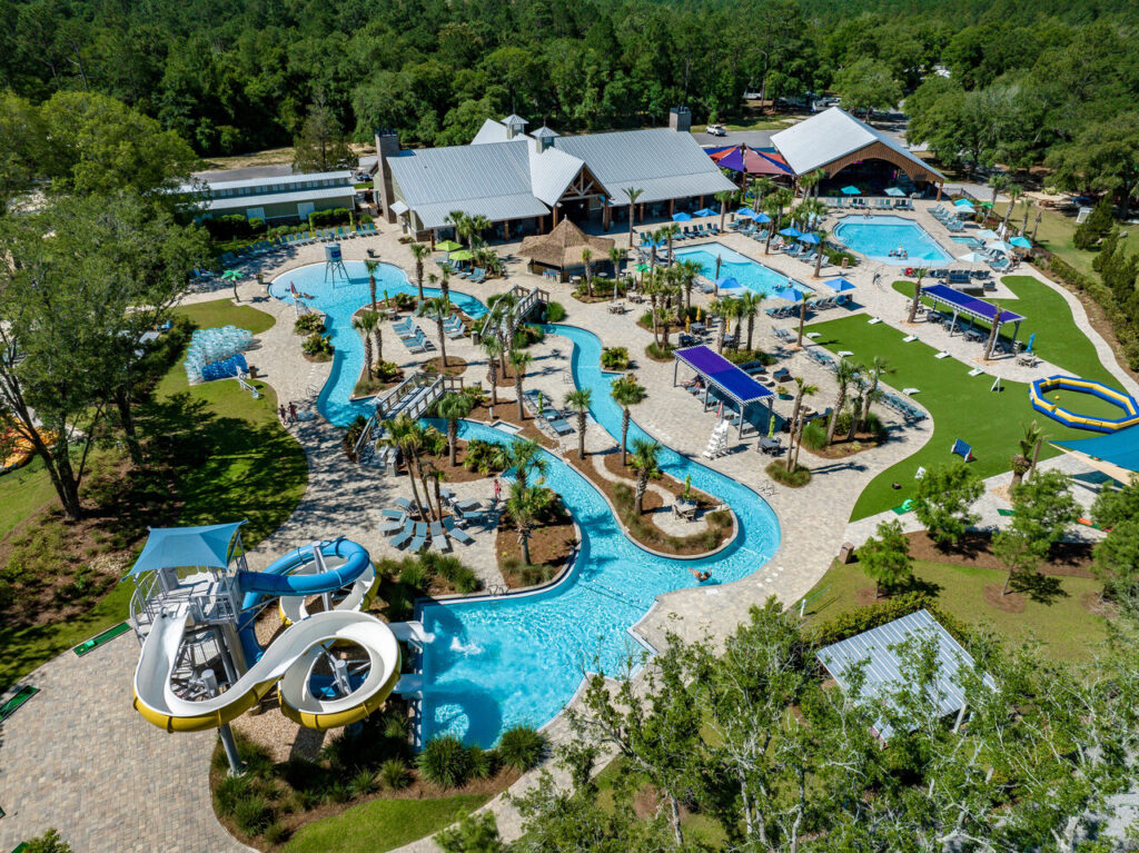 Aerial view of the lazy river, water slides and pools at Splash RV Resort in Milton, Florida