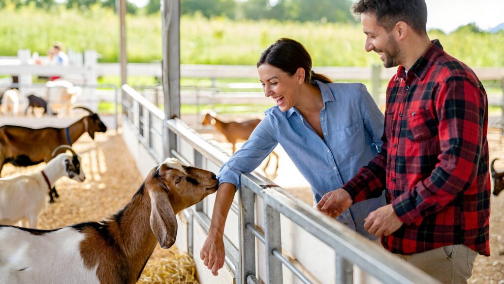 A laughing woman lets a brown and white goat nuzzle her arm over a pen rail while a man smiles beside her in a fair livestock barn