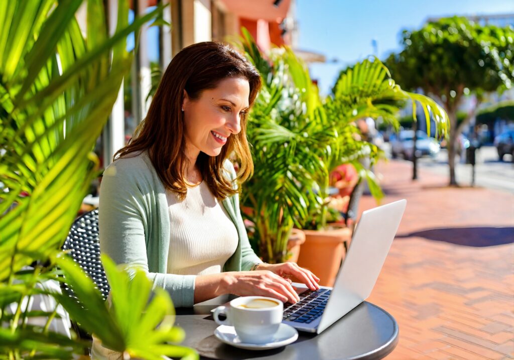 A woman in a sage green cardigan typing on a laptop at a sunny outdoor cafe table, a remote workday during an extended winter stay