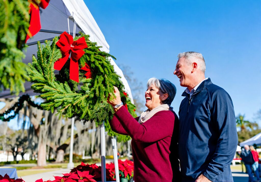 A smiling man and woman in their sixties admire evergreen wreaths with red bows at a sunny outdoor holiday market, a classic winter outing during snowbird season in Florida