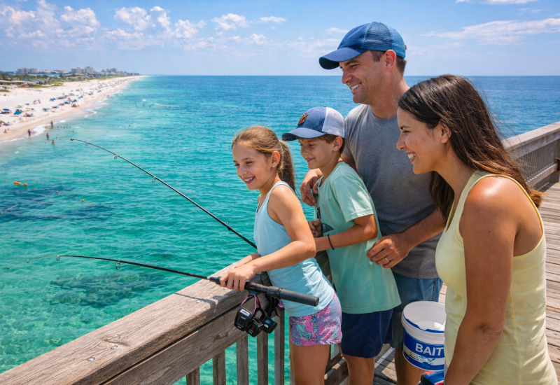 Family of four at wooden pier railing overlooking turquoise ocean water with sandy beach and distant highrises, man in blue cap, woman holding bait bucket, children with fishing rod under bright blue sky at Splash RV Resort in Milton, Florida.