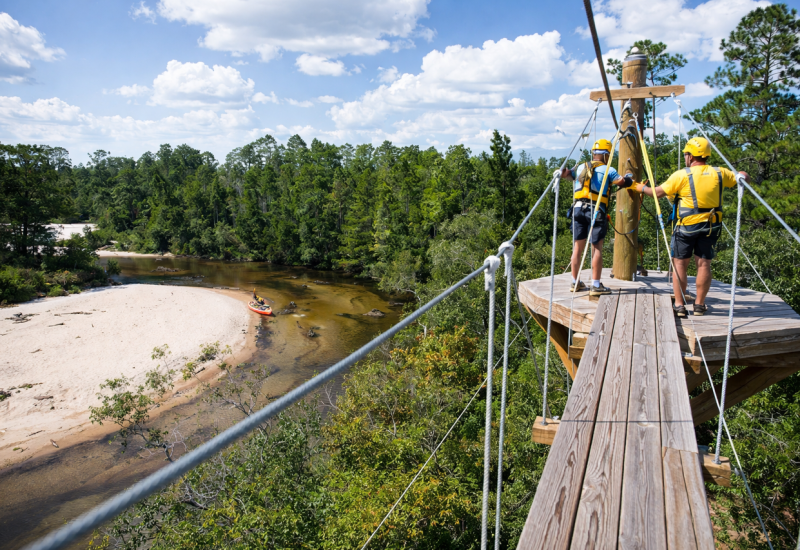 Guests on a zipline platform near Splash RV Resort, overlooking the Blackwater River and a sandy bank.