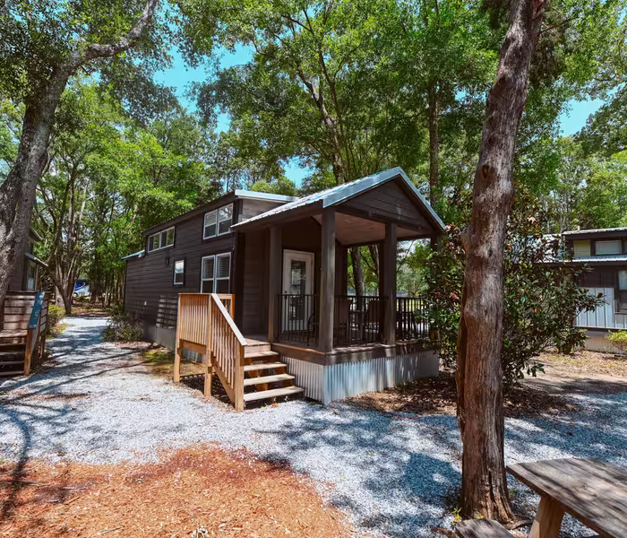 Row of luxury cottages set among tall pine trees at Splash RV Resort near Navarre Beach Florida