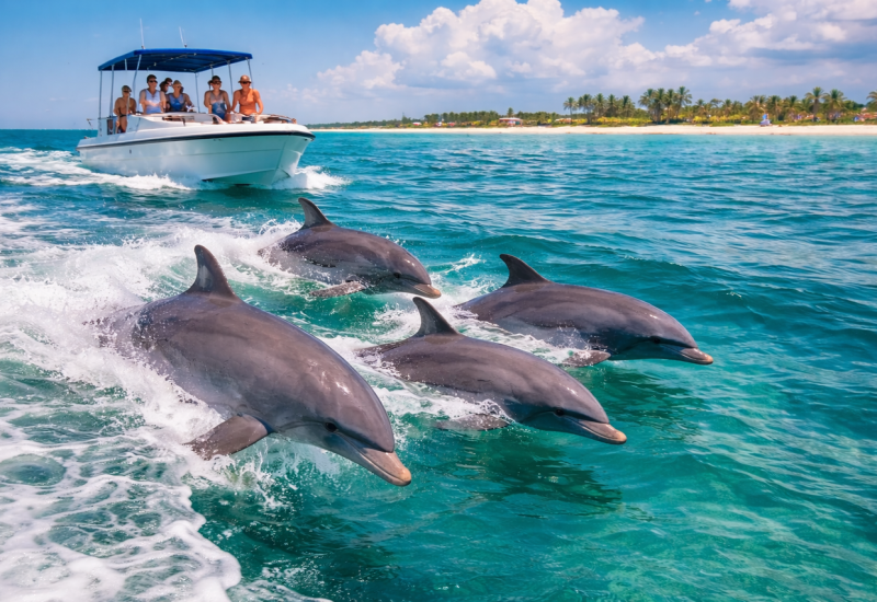 Dolphins swimming near a tour boat in the Gulf of Mexico, a popular excursion near Splash RV Resort in Milton, Florida.