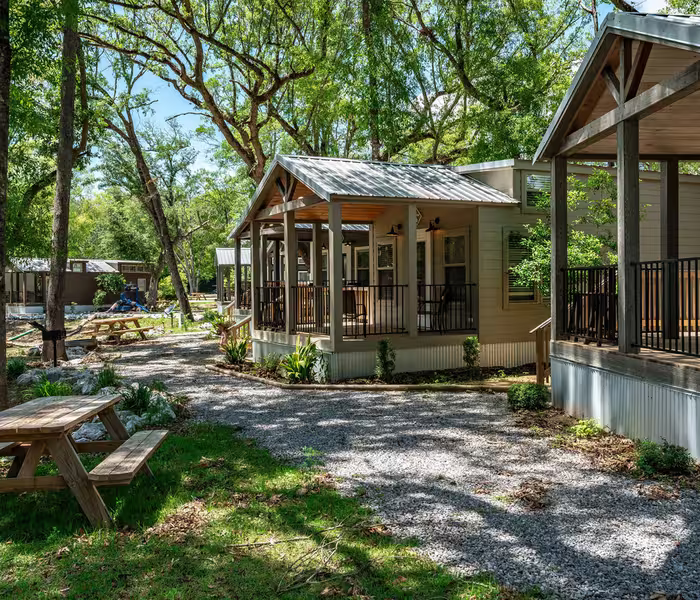 Luxury cottages with covered porches and metal roofs nestled among trees at Splash RV Resort.