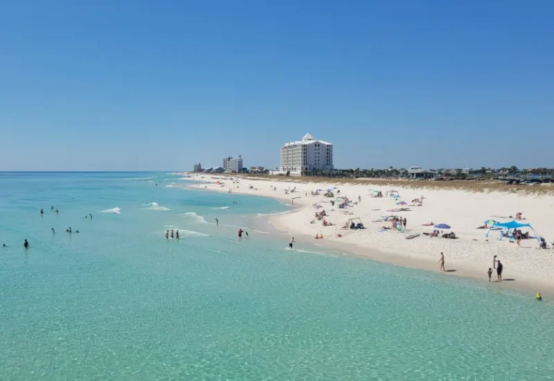 Near Navarre Beach, close to Splash RV Resort: sunny white sand beach with turquoise water and a large hotel.