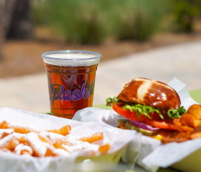 Gourmet burger and sweet potato fries served at Splash RV Resort