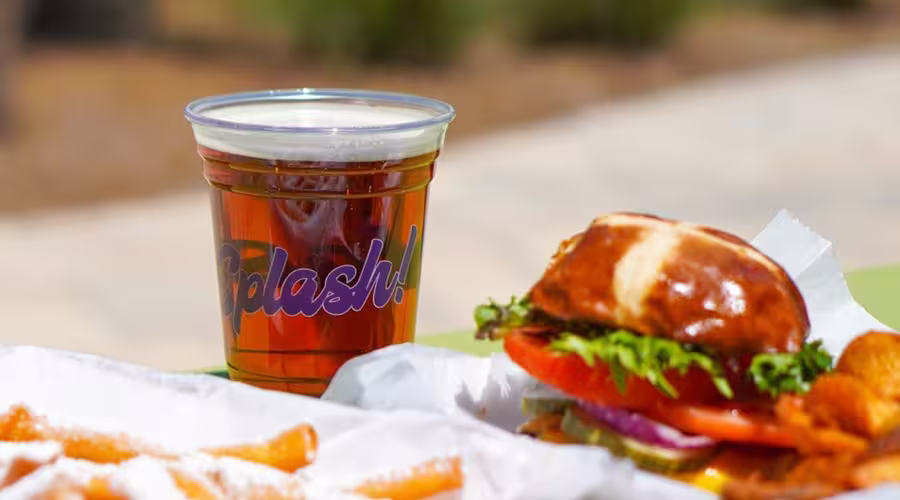 Gourmet burger and sweet potato fries served at Splash RV Resort