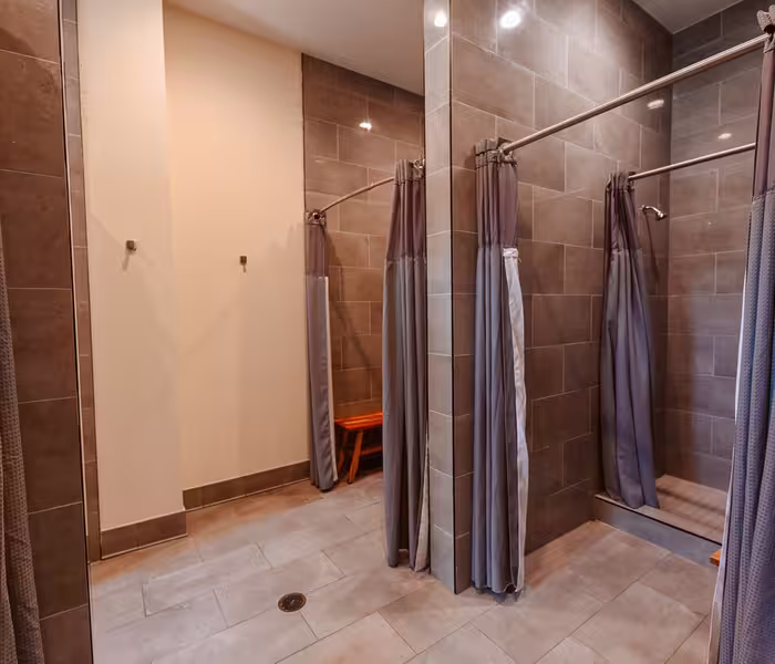 The upscale shower facility at Splash RV Resort in Milton, Florida